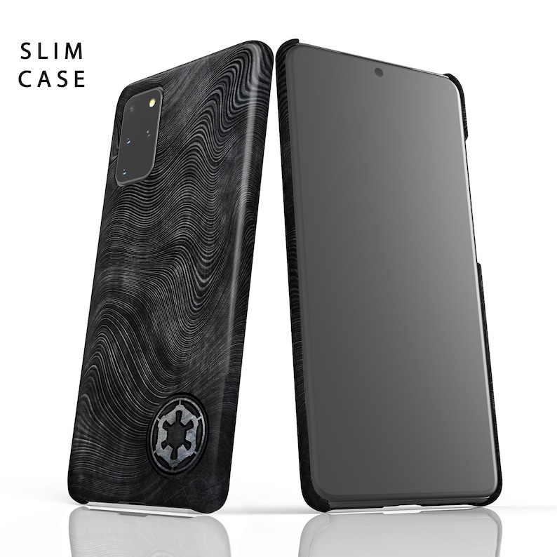 May include: A black phone case with a wavy pattern and a silver Imperial symbol. The case is designed for a slim fit and has a black screen protector.