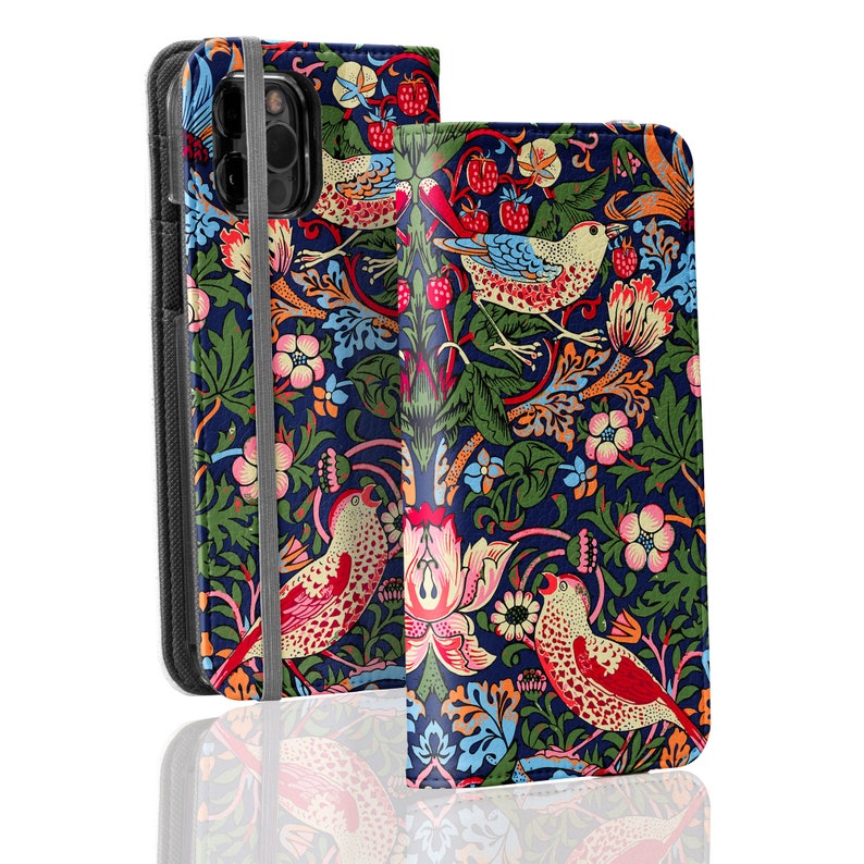 William Morris Strawberry Thief Phone Wallet For iPhone 15 Pro Max iPhone 14 13 mini 12 11 Samsung Galaxy S23 S22 S21 S20 Note Floral Card image 2