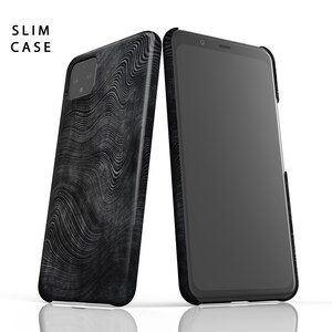 May include: A black phone case with a wavy, abstract pattern. The case is shown next to a black phone with a blank screen.