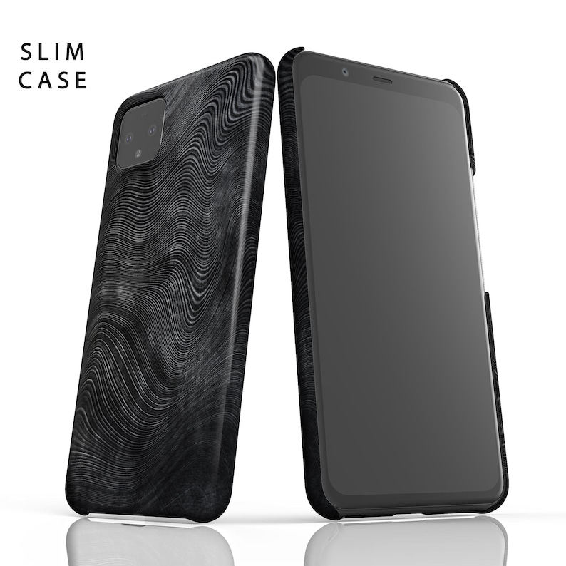 May include: A black phone case with a wavy, abstract pattern. The case is shown next to a black phone with a blank screen.