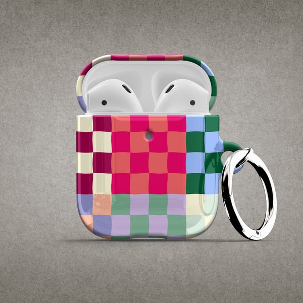 Designer Colorful Checkerboard AirPods Case - For Apple AirPods 1 2, AirPods Pro Checker Air Pod with Metal Carabiner Keychain Ring