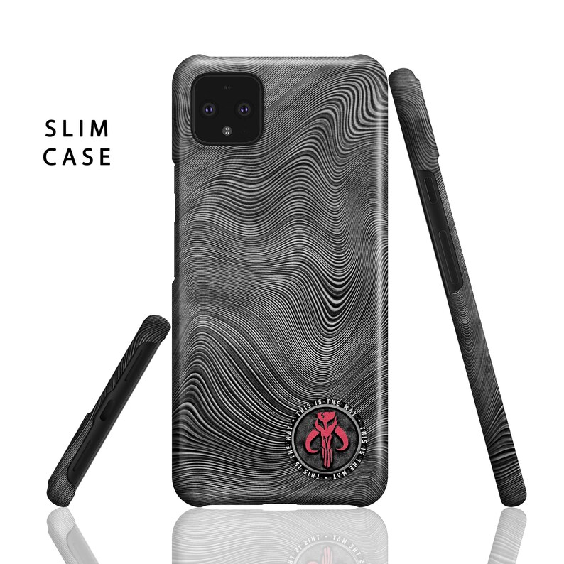 May include: A black and gray slim phone case with a wavy pattern. The case features a red and black emblem with the text "THIS IS THE WAY". The words "SLIM CASE" are printed in white.