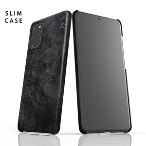 May include: A black phone case with a wavy, abstract pattern. The case is shown next to a black phone with a dark screen.