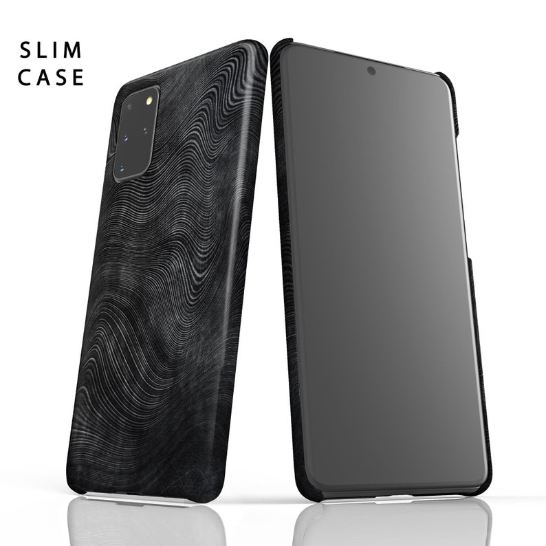 May include: A black phone case with a wavy, abstract pattern. The case is shown next to a black phone with a dark screen.