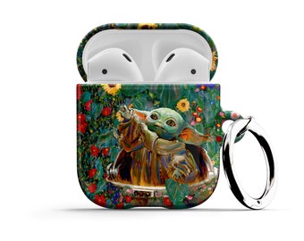 Baby Yoda AirPods Case - For Apple AirPods 1 2, AirPods Pro, Floral Star Air Pod Cover with Metal Carabiner Keychain Ring Klimt Flowers Wars