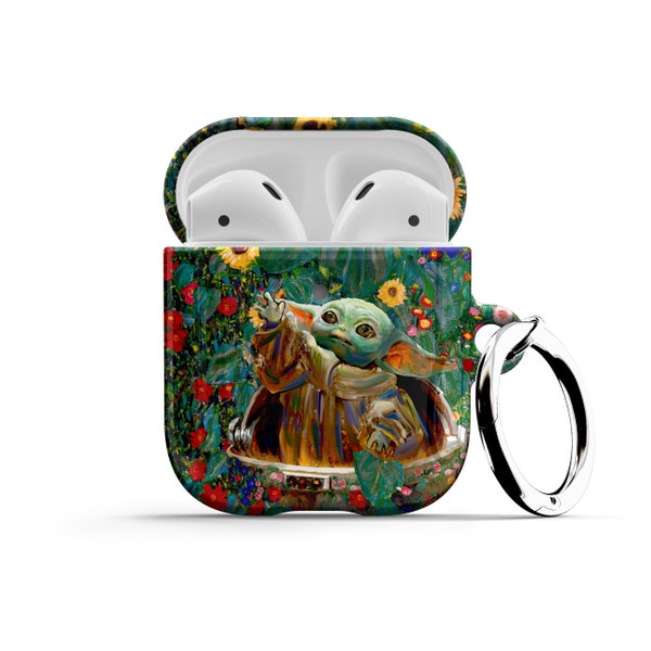 Baby Yoda AirPods Case - For Apple AirPods 1 2, AirPods Pro, Floral Star Air Pod Cover with Metal Carabiner Keychain Ring Klimt Flowers Wars