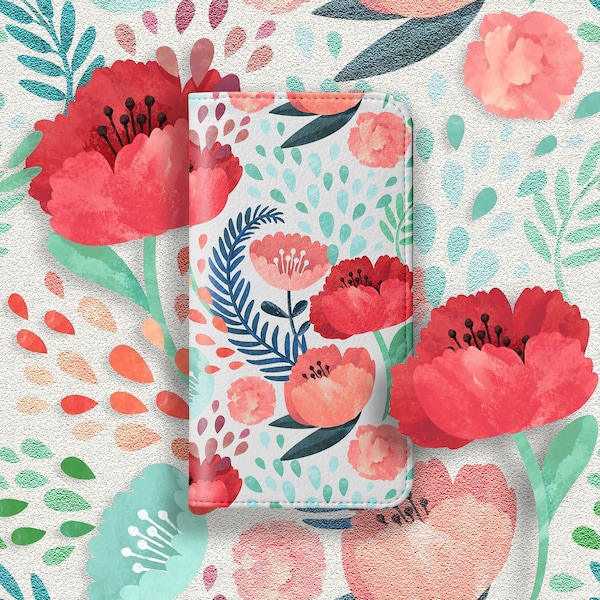 Poppies Phone Wallet - For iPhone 15 Pro Max iPhone 14 Pro iPhone 13 mini 12 11 Samsung Galaxy S23 S22 Galaxy S21 S20 Note 20 Floral Card