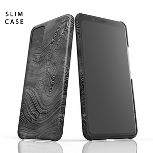 May include: A black phone case with a white wavy pattern. The case is shown next to a black phone with a black screen.