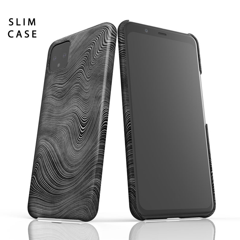 May include: A black phone case with a white wavy pattern. The case is shown next to a black phone with a black screen.