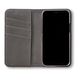 Pu&ograve; includere: Una custodia per telefono in tessuto grigio con un portafoglio integrato. La custodia ha tre slot per carte e una finestra in plastica trasparente per lo schermo del telefono.