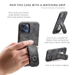 May include: A black phone case with a textured, wavy pattern. The case has a built-in kickstand that can be used to prop up the phone for watching videos or video chatting. The case also has a matching grip that can be used to hold the phone more securely.