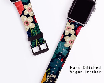 Apple Watch-band dames met levendige bloemen - band 40 mm 41 mm 38 mm 42 mm 44 mm 45 mm 46 mm 49 mm Vegan leerserie 10 9 8 7 6 5 4 3 Ultra Flowers