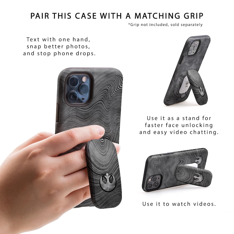 Puede incluir: Una funda de tel&eacute;fono negra con un patr&oacute;n de remolino. La funda tiene un soporte integrado que se puede usar para sostener el tel&eacute;fono para ver videos o chatear por video. La funda se muestra con un agarre a juego, que se vende por separado.
