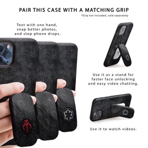 May include: Black phone case with a textured design. The case has a built-in kickstand that can be used to prop up the phone for watching videos or video chatting. The case is shown with a matching grip, but the grip is sold separately.
