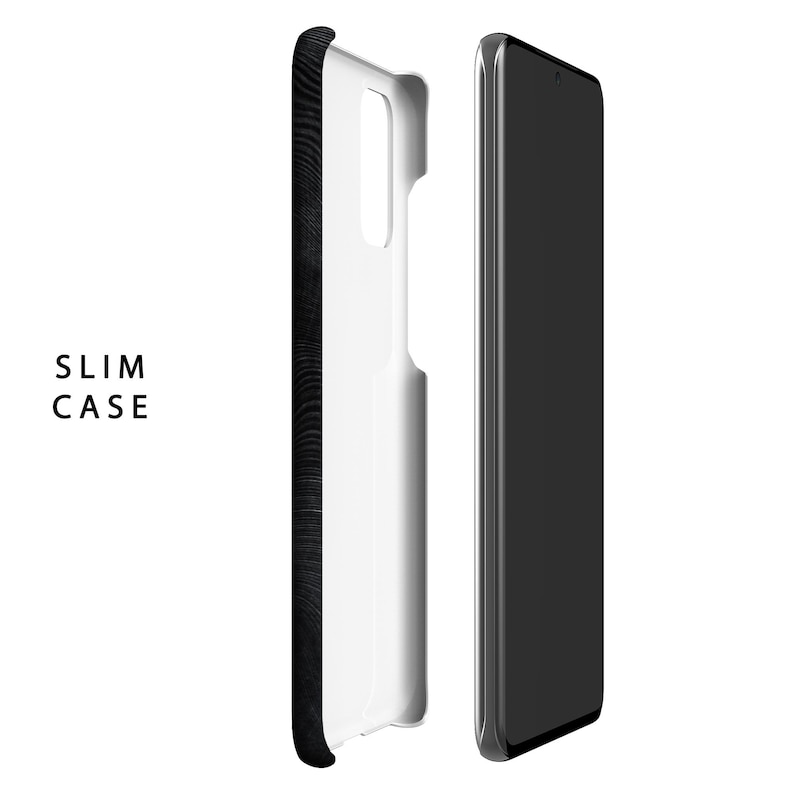 May include: A black phone case with a wood grain pattern. The case is shown with a white phone inside. The case is slim and fits snugly around the phone.