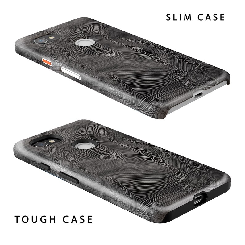 May include: Two phone cases with a black and white wavy pattern. The top case is labeled "SLIM CASE" and the bottom case is labeled "TOUGH CASE".
