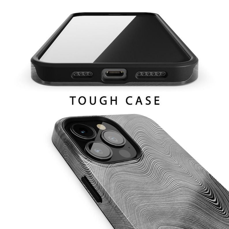 May include: A black phone case with a white and gray wavy pattern. The case has a raised camera bump and a cutout for the phone's charging port. The text "TOUGH CASE" is printed on the case.