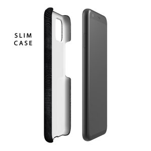 May include: A black phone case with a wood grain pattern. The case is slim and fits snugly around the phone. The case is shown next to a black phone.