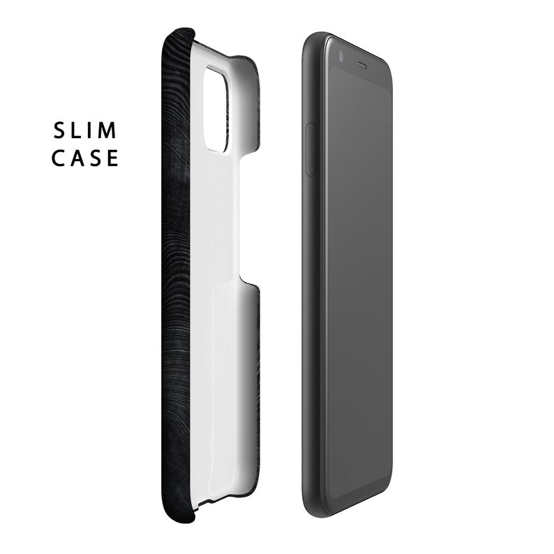 May include: A black phone case with a wood grain pattern. The case is slim and fits snugly around the phone. The case is shown next to a black phone.