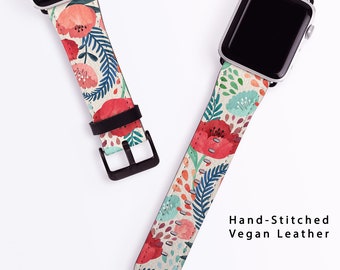 Poppies Apple Watch Band Women - Floral Strap 40mm 41mm 38mm 42mm 44mm 45mm 46mm 49mm Vegan Leather, 10 9 8 7 6 5 4 3 2 Ultra Flowers