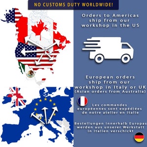 May include: A graphic showing where orders ship from based on location. Orders to the Americas ship from the US, European orders ship from Italy or the UK, and Asian orders ship from Australia. The graphic includes flags for the US, Canada, Mexico, the UK, the EU, France, Germany, and Australia.