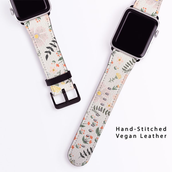 Spring Meadow Band for Apple Watch - Floral Strap Women 40mm 41mm 38mm 42mm 44mm 45mm  49mm PU Leather, Series 9 8 7 6 5 4 3 2 Wild Flowers