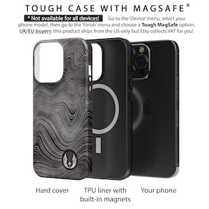 May include: A black phone case with a white swirl pattern and a black TPU liner with built-in magnets. The case is compatible with MagSafe.