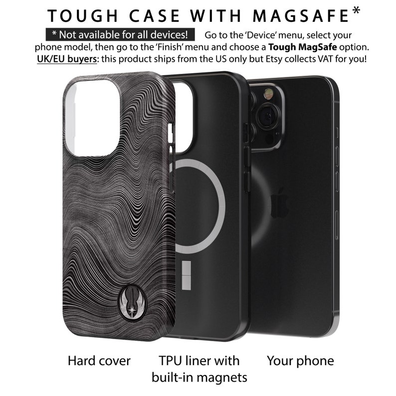May include: A black phone case with a white swirl pattern and a black TPU liner with built-in magnets. The case is compatible with MagSafe.