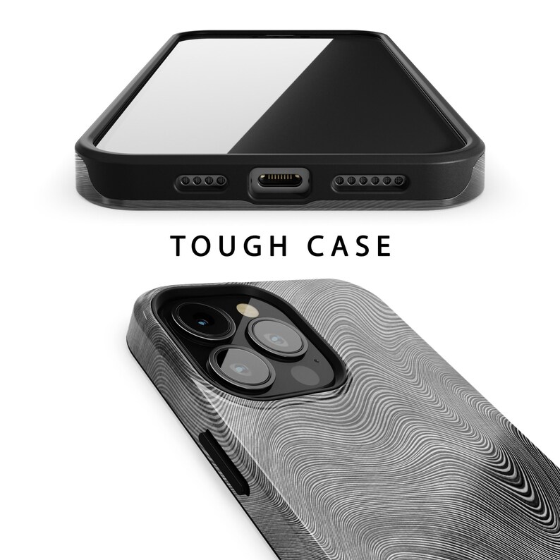 May include: A black phone case with a white and gray wavy pattern. The case has a raised camera bump and a cutout for the phone's charging port. The text "TOUGH CASE" is printed on the case.