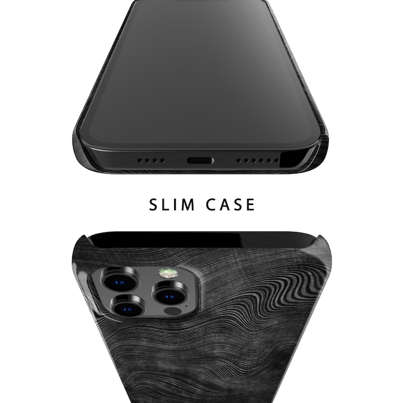 May include: A black phone case with a wood grain pattern. The case is designed to fit a phone with a triple camera system. The case is slim and has a smooth finish.