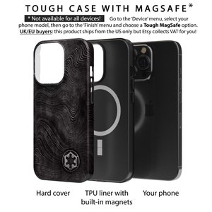 May include: A black phone case with a textured design and a built-in magnetic ring. The case is compatible with MagSafe chargers. The text "TOUGH CASE WITH MAGSAFE*" is at the top of the image. The text "* Not available for all devices! Go to the 'Device' menu, select your phone model, then go to the 'Finish' menu and choose a Tough MagSafe option. UK/EU buyers: this product ships from the US only but Etsy collects VAT for you!" is below the image. The text "Hard cover", "TPU liner with built-in magnets", and "Your phone" is below the case.