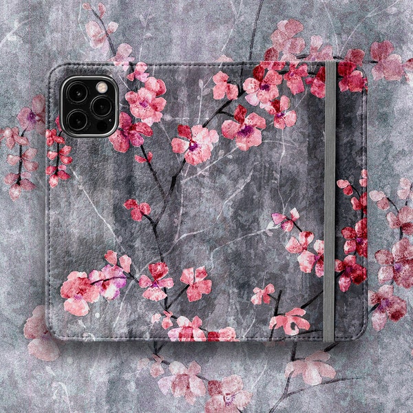 Cherry Blossom Slate Phone Wallet -For iPhone 15 Pro Max 14 Pro 13 mini 12 11 Samsung Galaxy S23 S22 S21 S20 Note Sakura Japan Floral Card