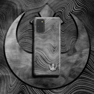 May include: A black phone case with a Rebel Alliance symbol and a wavy, abstract pattern. The case is designed for a Samsung Galaxy S20.
