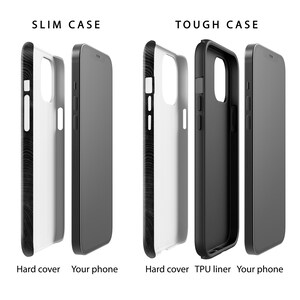 May include: Two phone cases, one slim and one tough, are shown disassembled. The slim case is made of a hard cover and a black phone case. The tough case is made of a hard cover, a black TPU liner, and a black phone case.