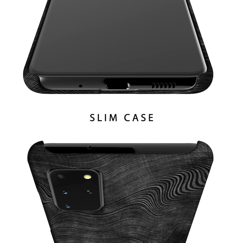 May include: A black phone case with a wood grain pattern. The case is designed to fit a phone with a single camera lens.