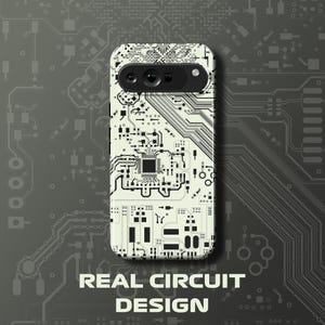 May include: A phone case featuring a black and white circuit board design. The case has a camera aperture and the text "REAL CIRCUIT DESIGN". The background is a grey circuit board pattern.