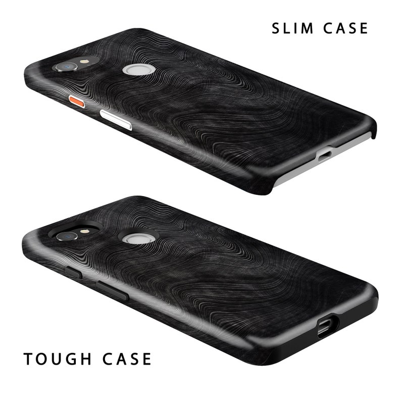 May include: Two phone cases with a black and white wood grain pattern. The top case is labeled "SLIM CASE" and the bottom case is labeled "TOUGH CASE".