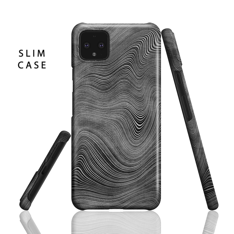 May include: Black phone case with a white wavy pattern. The case is designed to fit a phone with a triple camera lens. The text "SLIM CASE" is visible in the top left corner of the image.