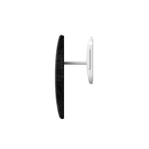 May include: A black and white wood-look wall mount with a white backing plate. The mount is designed to hold a small object, such as a picture frame or a shelf.