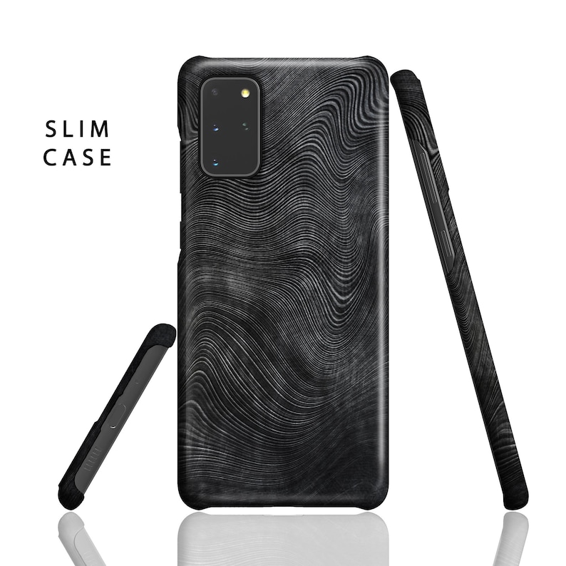 May include: A black phone case with a wavy, abstract pattern. The case is slim and has a cutout for the camera lens.