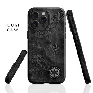 May include: Black phone case with a textured, wavy pattern and a black and silver Imperial symbol. The case is shown from three different angles.