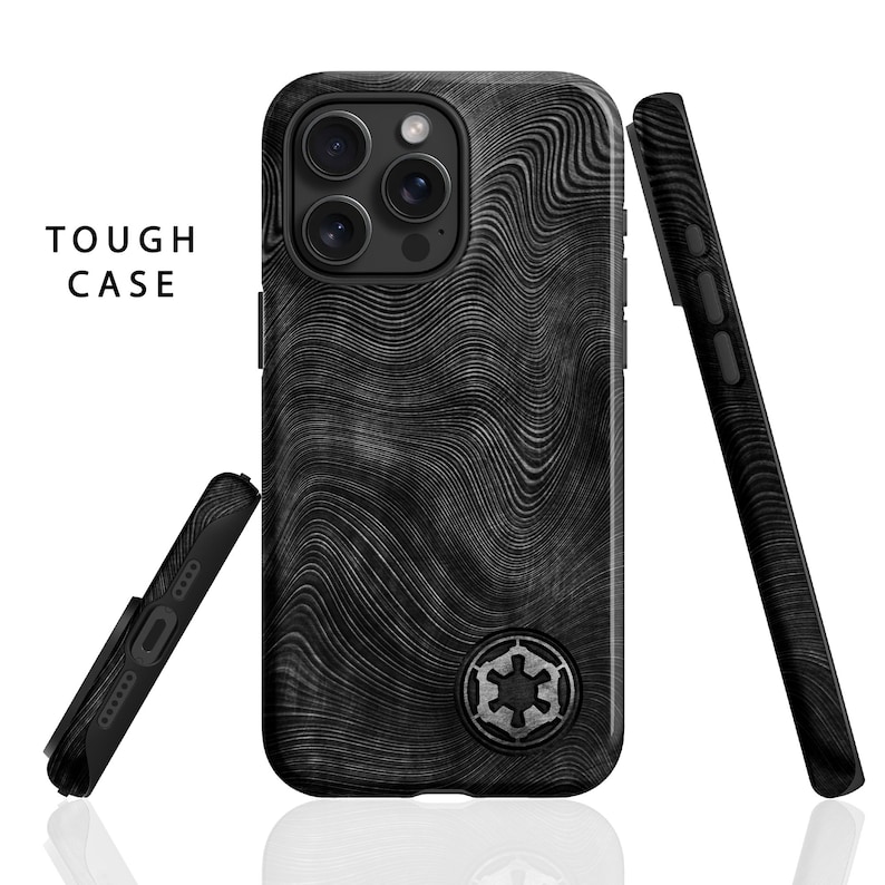 May include: Black phone case with a textured, wavy pattern and a black and silver Imperial symbol. The case is shown from three different angles.