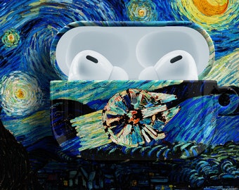 Millennium Falcon AirPods Case - For Apple AirPods 1 2, AirPods Pro Air Pod Cover Metal Carabiner Keychain Starry Star Night Van Gogh Wars