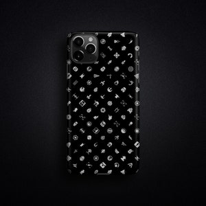 May include: Black phone case with a white pattern of Star Wars characters and symbols.