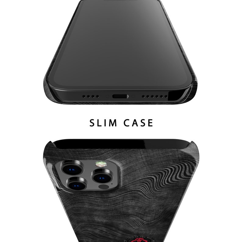 May include: Black phone case with a wood grain pattern and a camera lens cutout. The case is designed to be slim and protective.