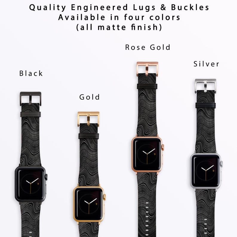 May include: Four Apple Watch bands with different colored clasps: black, gold, rose gold, and silver. Each band has a black and white patterned design.