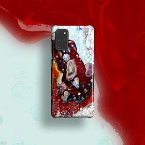 May include: A phone case with a red, white, and blue abstract design. The design features swirling patterns and small dots.