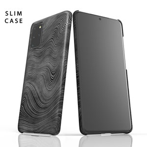 May include: A black phone case with a white wavy pattern. The case is slim and has a cutout for the camera lens. The phone case is shown next to a black phone with a black screen.