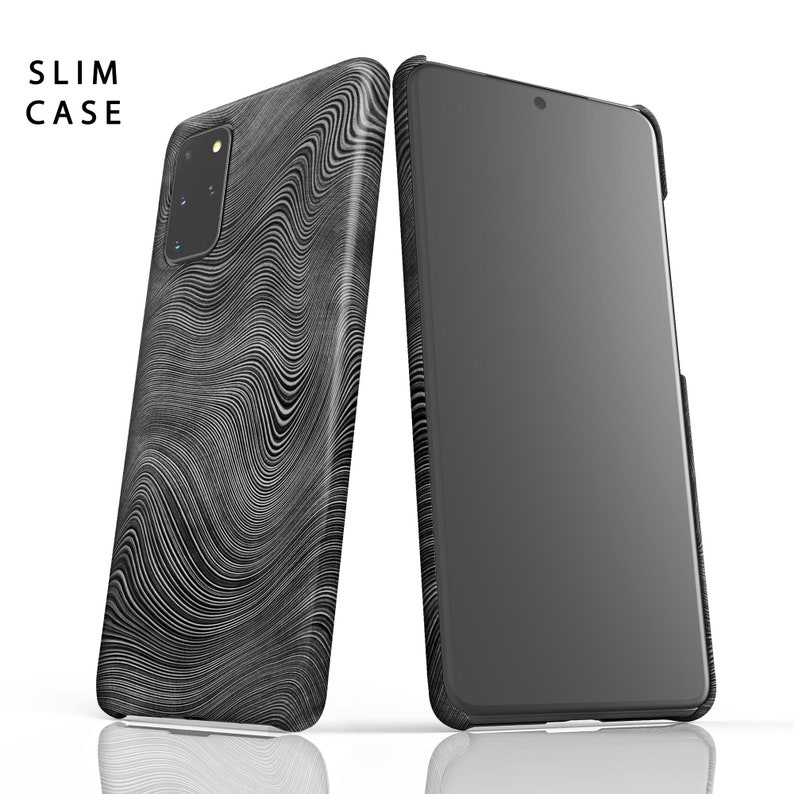 May include: A black phone case with a white wavy pattern. The case is slim and has a cutout for the camera lens. The phone case is shown next to a black phone with a black screen.