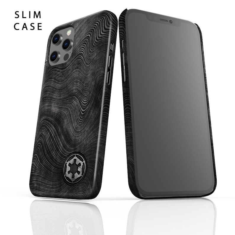 May include: A black phone case with a wavy pattern and the Star Wars Imperial symbol. The case is designed to fit a slim phone. The case is shown next to a black phone.